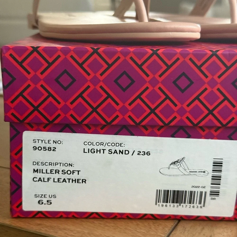 New Tory Burch miller soft calf leather sandals in light sand / makeup colo